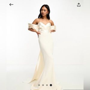 ASOS DESIGN satin bandeau off-shoulder maxi dress with exaggerated sleeves